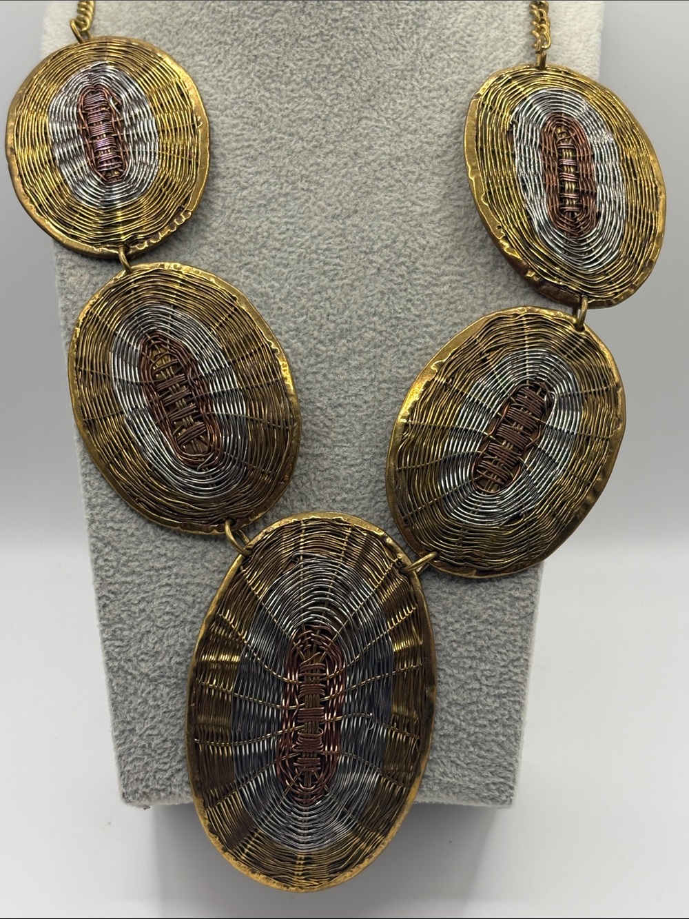 Artisian Woven Multi-Tone Oval Statement Necklace - Gold, Silver & Copper Ovals